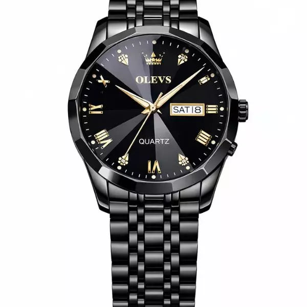All black quartz watch for men with stainless steel bracelet